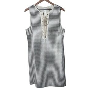 Cremieux Women's Striped Lace Up Sleeveless Casual Linen Blend Dress Size‎ Large